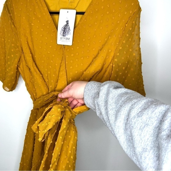 Yellow Polka Dot Swiss Dot Ruffle-Trim Tiered Pleated Wrap Dress Size Small - Picture 7 of 15